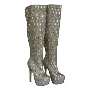 Shiekh Over Knee High Heel Boots Silver Rhinestone Glam Party Women 9 Evening